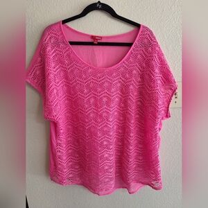 Plus Sz 3X Bongo Pink Lace Women's Top Lacy Front Sheer Back
